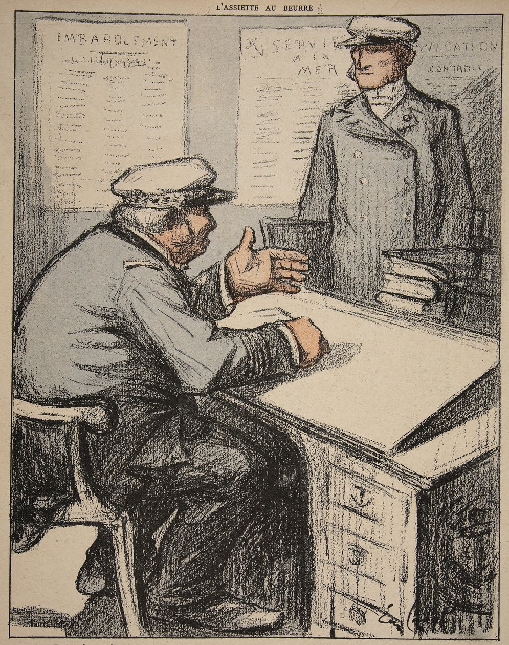 Dois cavalheiros marítimos em seus escritórios, ilustração de &39;A Placa da Manteiga: Funcionários&39;, 9 de agosto de 1902 de Eugene Cadel