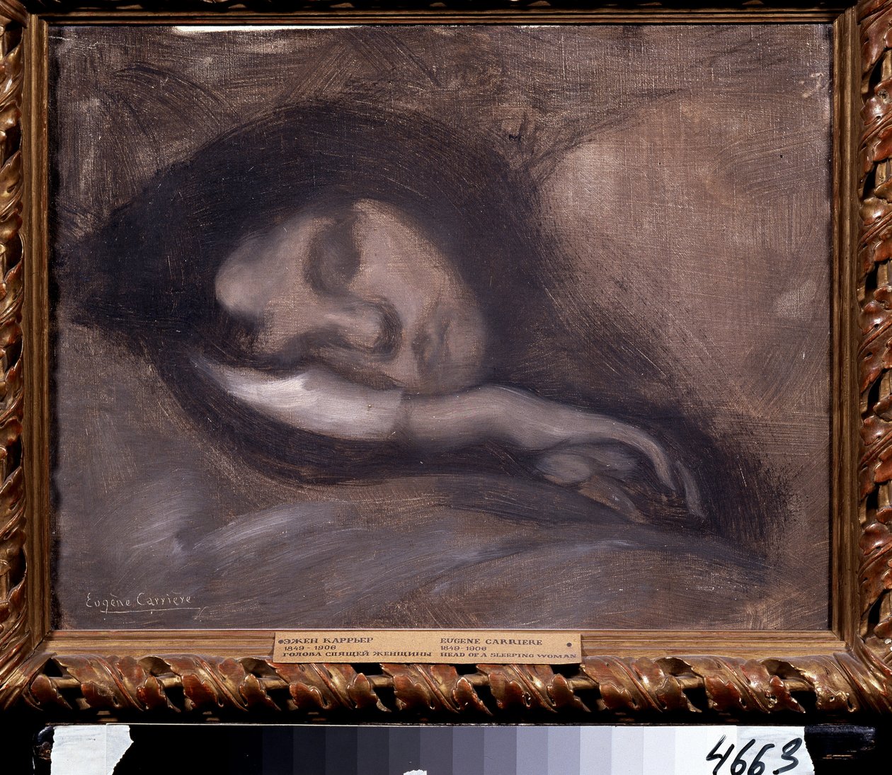 Cabeça de uma mulher adormecida. Pintura por Eugene Carriere (1849-1906). Tamanho : 36x47cm. Óleo sobre tela. Simbolismo. Museu Pushkin, Moscovo de Eugène Carrière