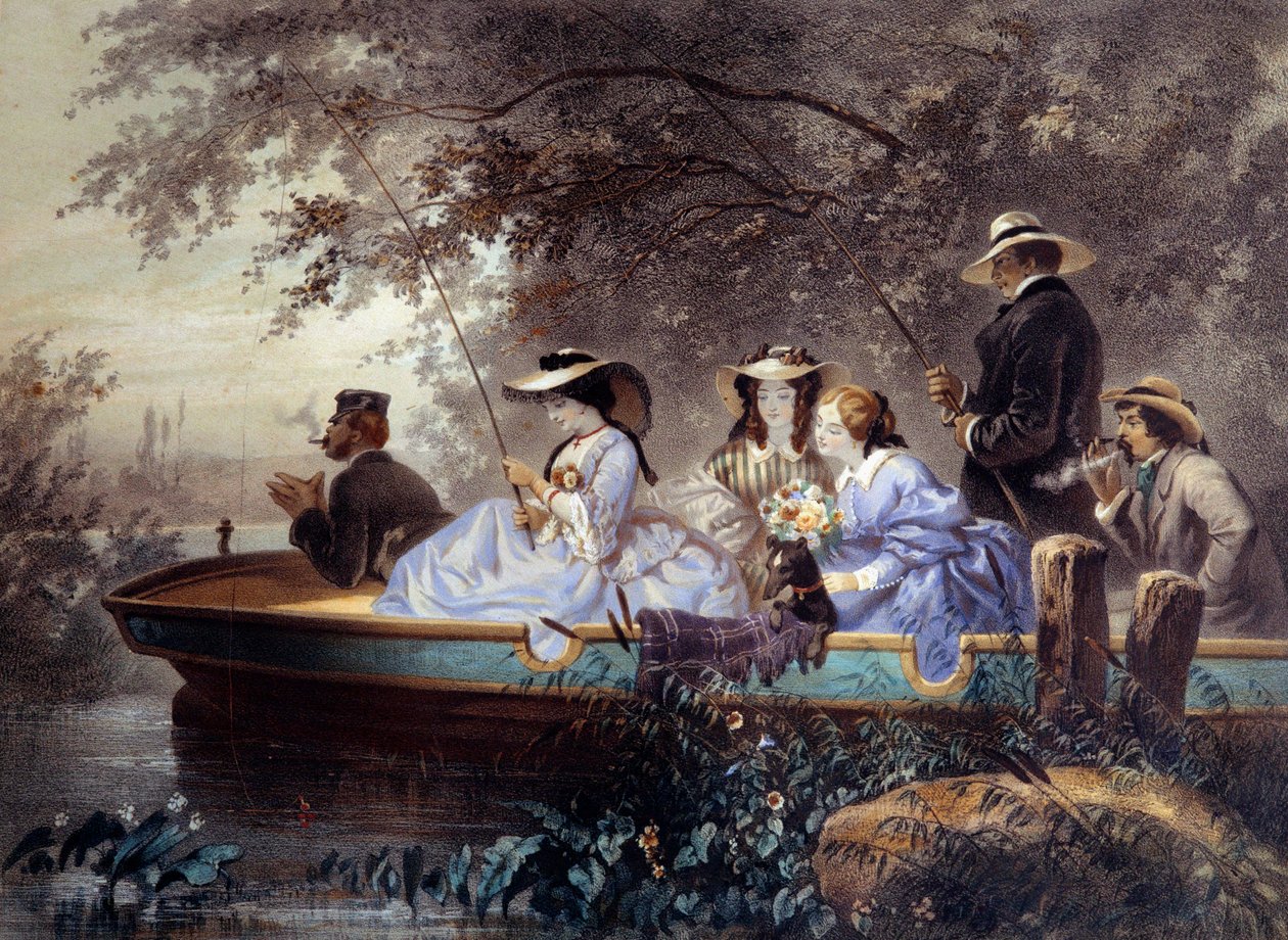 Um domingo com a família, pesca no rio Litográfico por Eugene Guerard (1821-1866) Paris do século XIX, Musee Carnavalet de Eugene Charles Francois Guerard