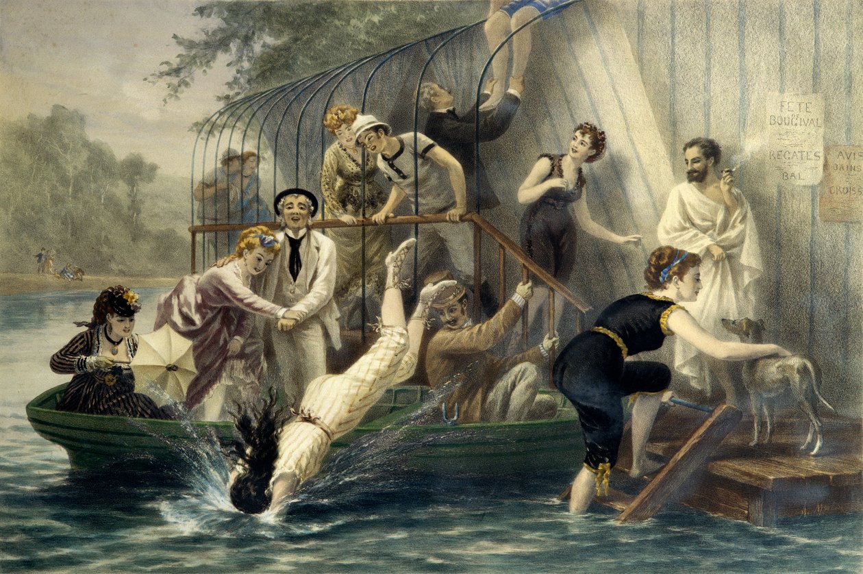 Ah! A bela cabeça, um domingo junto à água. Mulher a mergulhar em fato de banho na água no século XIX sob o riso de marinheiros divertidos. Uma mulher em um barco se protege de arranhões com seu guarda-chuva. Gravura de Eugene Guerard (1821-1866). Pr de Eugene Charles Francois Guerard