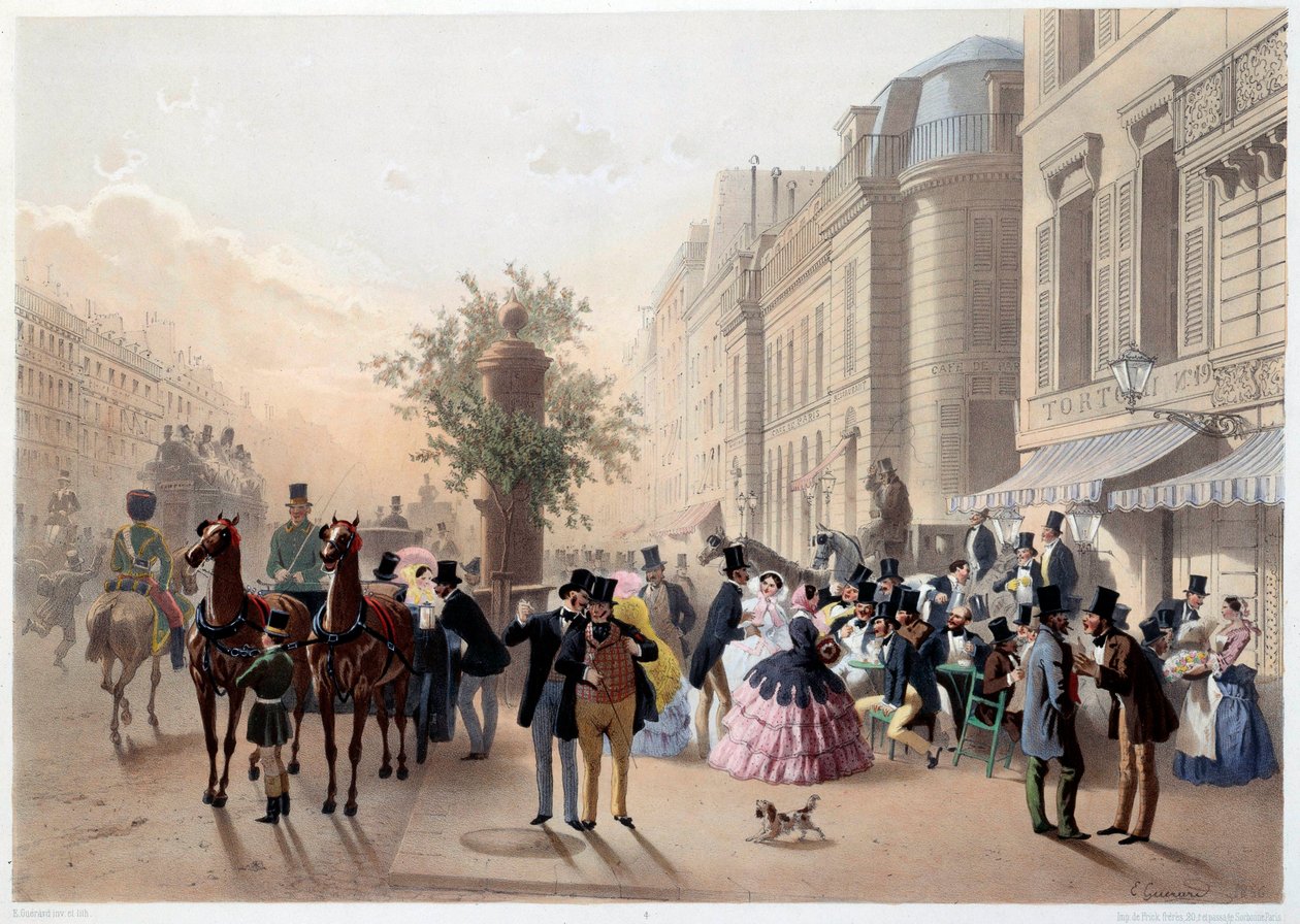 Boulevard des Italians, Café Tortoni em Paris no século 19 Gravura de Eugene Guerard de Eugene Charles Francois Guerard