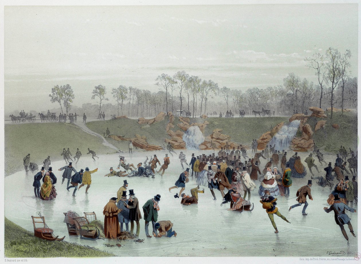 Patinadores na litografia do Bois de Boulogne de Eugene Guerard de Eugene Charles Francois Guerard