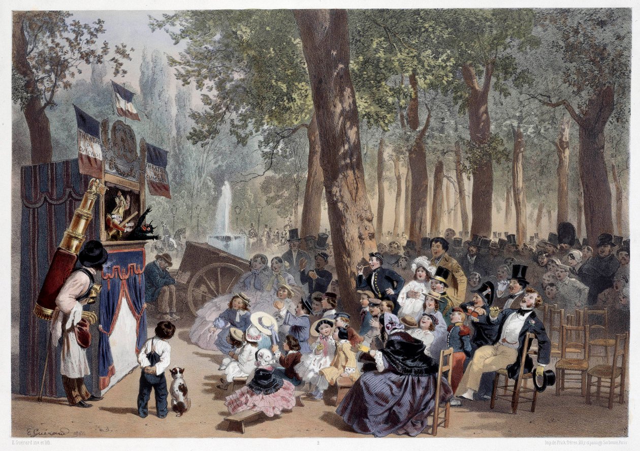 O show dos guignols nos Campos Elísios em Paris, no século XIX. Gravuras de Eugene Guerard (1821-1866) Paris do século XIX, Musee Carnavalet de Eugene Charles Francois Guerard