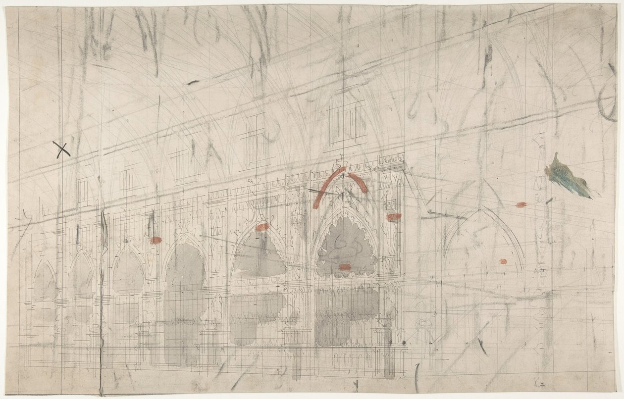 Projeto para um cenário na Ópera, Paris: Igreja Interior, 1830-90. de Eugene Ciceri