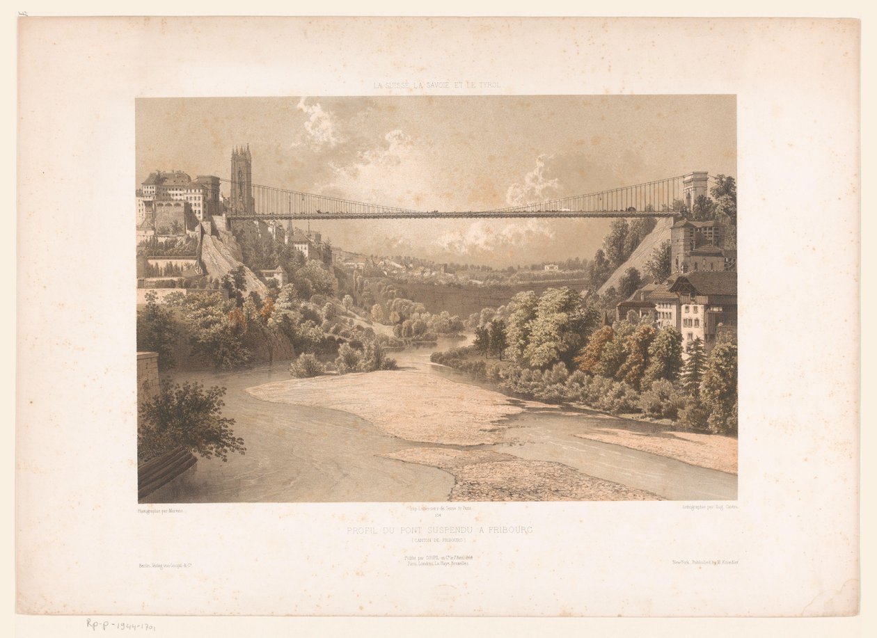 Gezicht op de hangbrug over de Sarine, te Fribourg
Suíça, Savoy e Tyrol / Perfil da ponte suspensa em Fribourg (Cantão de Fribourg) (título sobre o objecto) de Eugene Ciceri