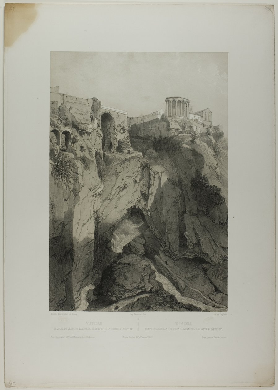 Tivoli: Os Templos de Vesta e da Sibila e Ruínas da Gruta de Netuno, placa dezenove de Italie Monumentale et Pittoresque de Eugene Ciceri