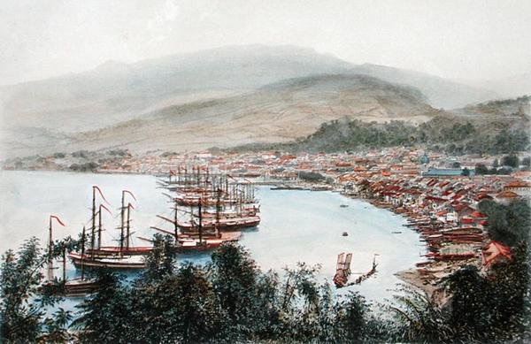 Vista de Saint-Pierre vista da bateria de armas em Sainte-Marthe, Martinica (litografia a cores) de Eugene Ciceri