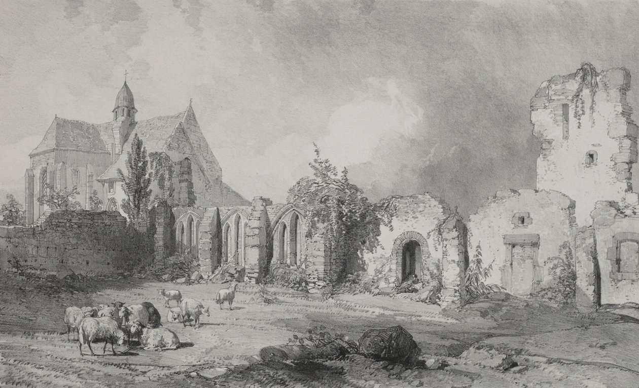 Viagens pitorescas e românticas na França antiga. Bretanha: Relec Abbey. de Eugene Ciceri