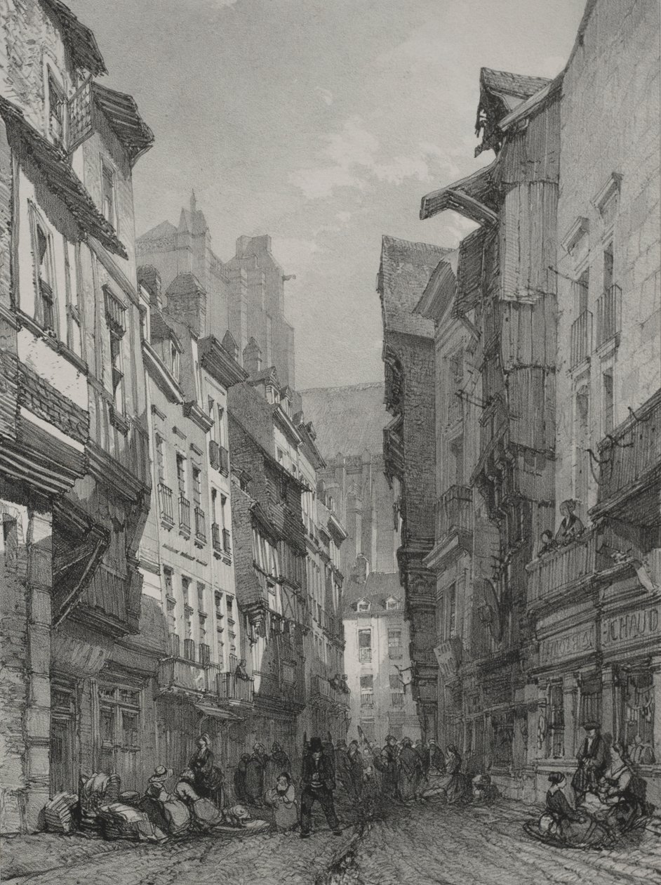 Viagens pitorescas e românticas na França antiga. Bretanha: Rua antiga principal em Nantes de Eugene Ciceri