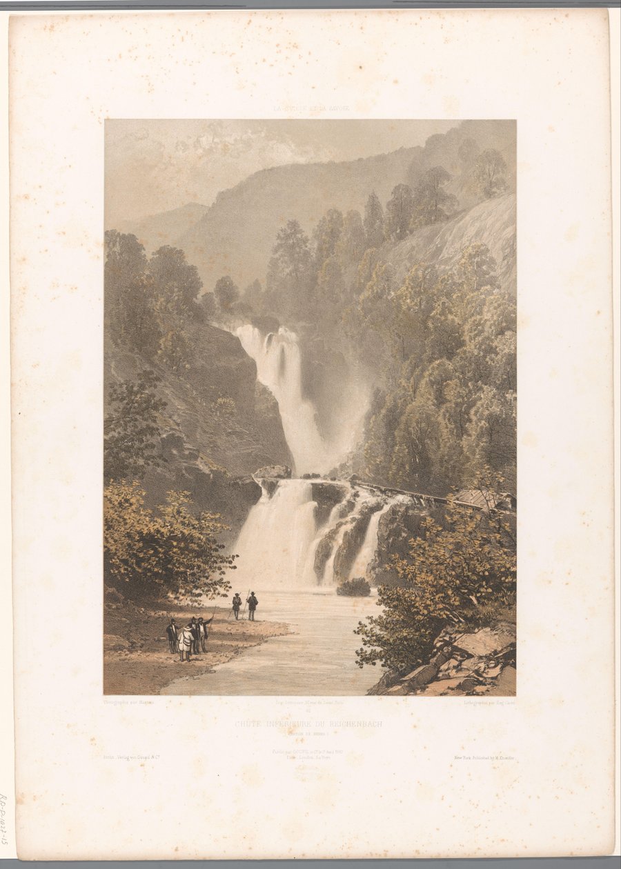 Caminhantes com vista para a cascata de Reichenbach
Chûte inférieure du Reichenbach (título sobre o objecto)
Vistas da Suíça e da Sabóia (título da série)
La Suisse et la Savoie (título da série sobre o objecto) de Eugene Ciceri