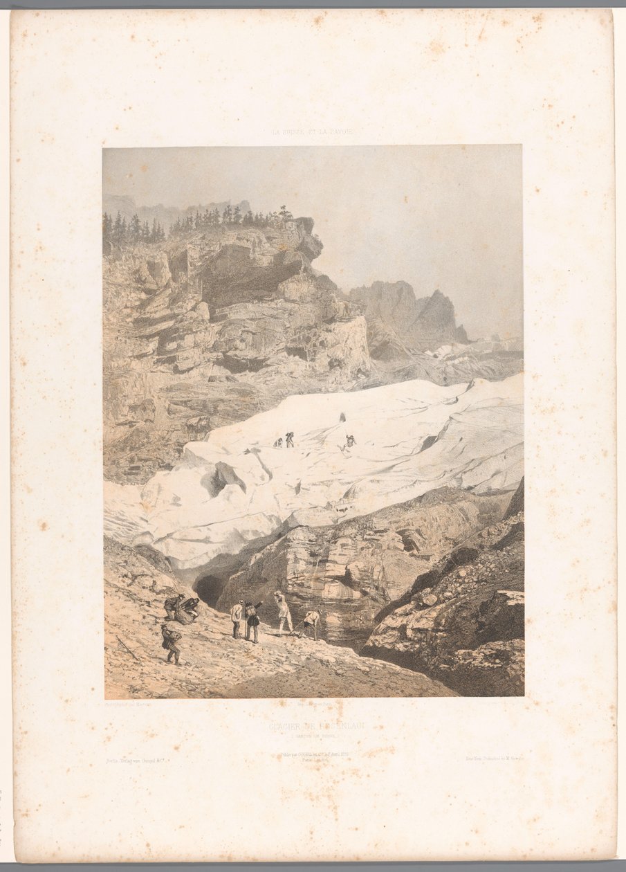Caminhantes na geleira Rosenlaui Glacier de Rosenlaui (título no objeto) Faces na Suíça e Savoy (título da série) La Suisse et la Savoie (título da série no objeto) de Eugene Ciceri