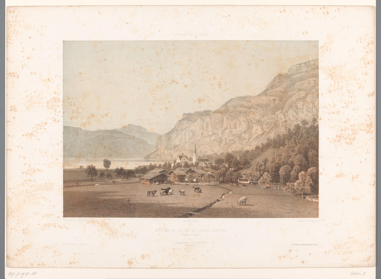 Vista de Flüelen no Lago Lucerna Flüelen et le lac de Quatre Cantons (título no objeto) Rostos na Suíça e Savoy (título da série) La Suisse et la Savoie (título da série no objeto) de Eugene Ciceri
