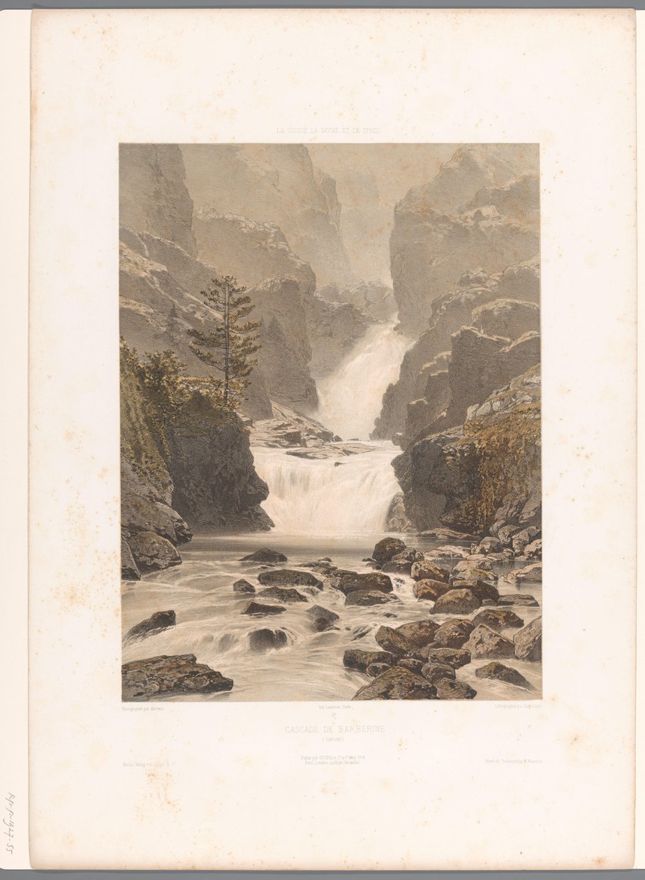 Vista da cachoeira Barberine perto de Vallorcine Cascade de Barberine (título no objeto) Faces na Suíça, Savoy e Tirol (título da série) La Suisse, la Savoie et le Tyrol (título da série no objeto) de Eugene Ciceri
