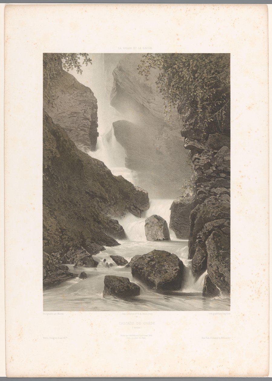 Vista da cascata de Chède
Cascade de Chède (título sobre o objecto)
La Suisse et la Savoie (título da série)
Vistas da Suíça e da Sabóia (título da série sobre o objecto) de Eugene Ciceri