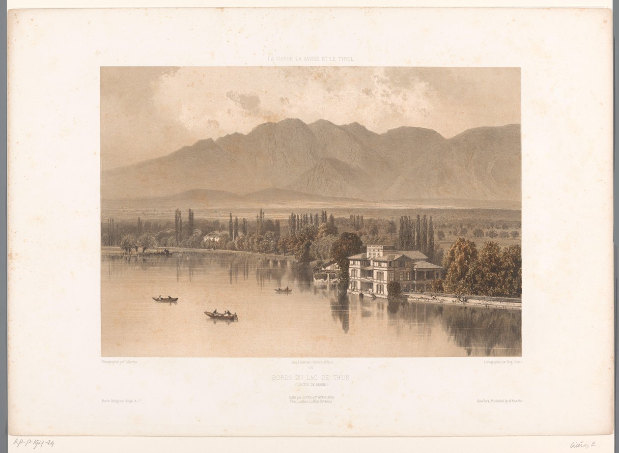 Vista das margens do Lago Thuner
Bords du Lac de Thun (título sobre o objecto)
Vistas da Suíça, Sabóia e Tirol (título da série)
La Suisse, la Savoie et le Tyrol (título da série sobre o objecto) de Eugene Ciceri