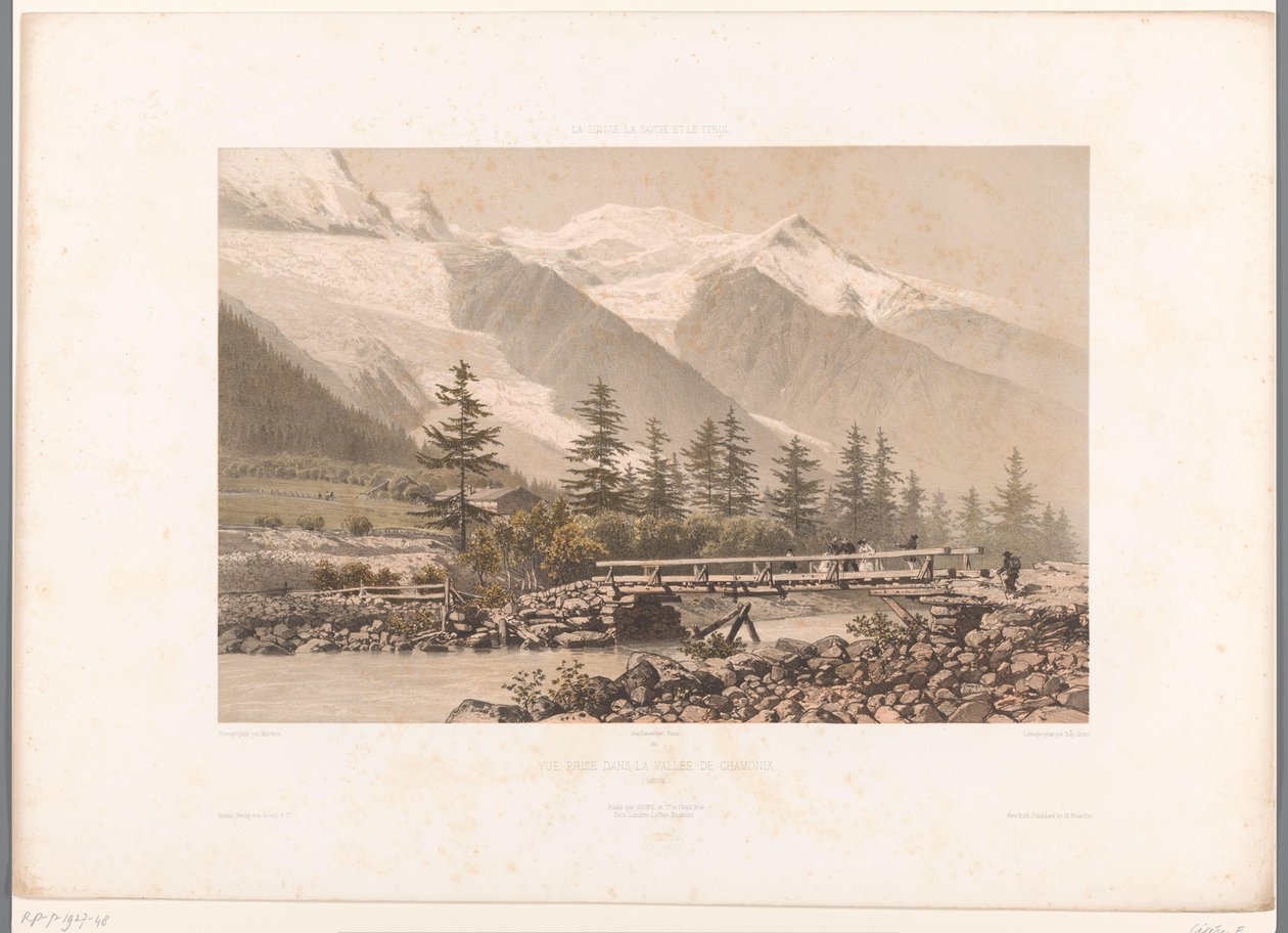 Vista do vale de Chamonix com o rio Arve. Vue Prize dans la Vallée de Chamonix (título no objeto) Faces na Suíça, Savoy e Tirol (título da série) La Suisse, la Savoie et le Tyrol (título da série no objeto) de Eugene Ciceri