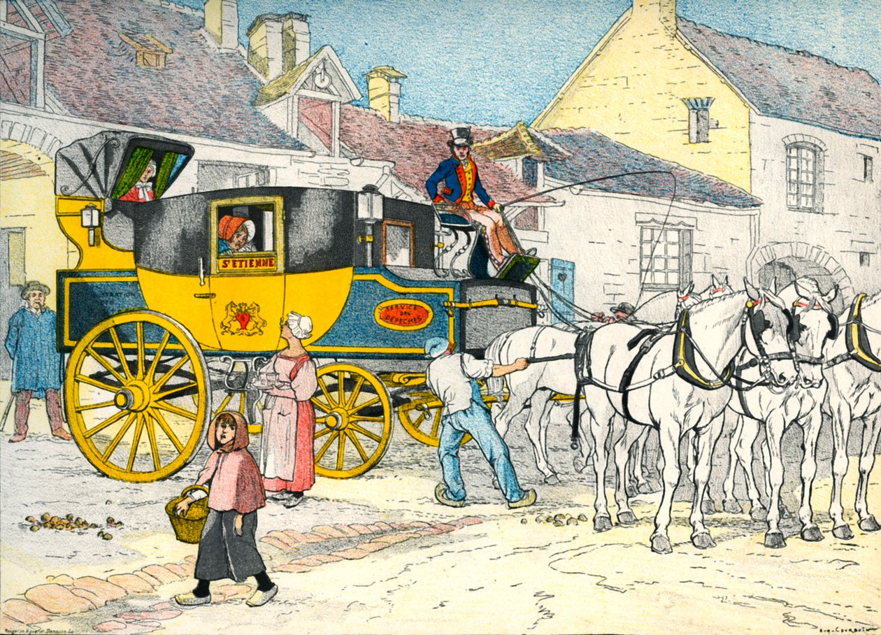 Coach do correio em uma cocheira em 1840 de Eugene Courboin