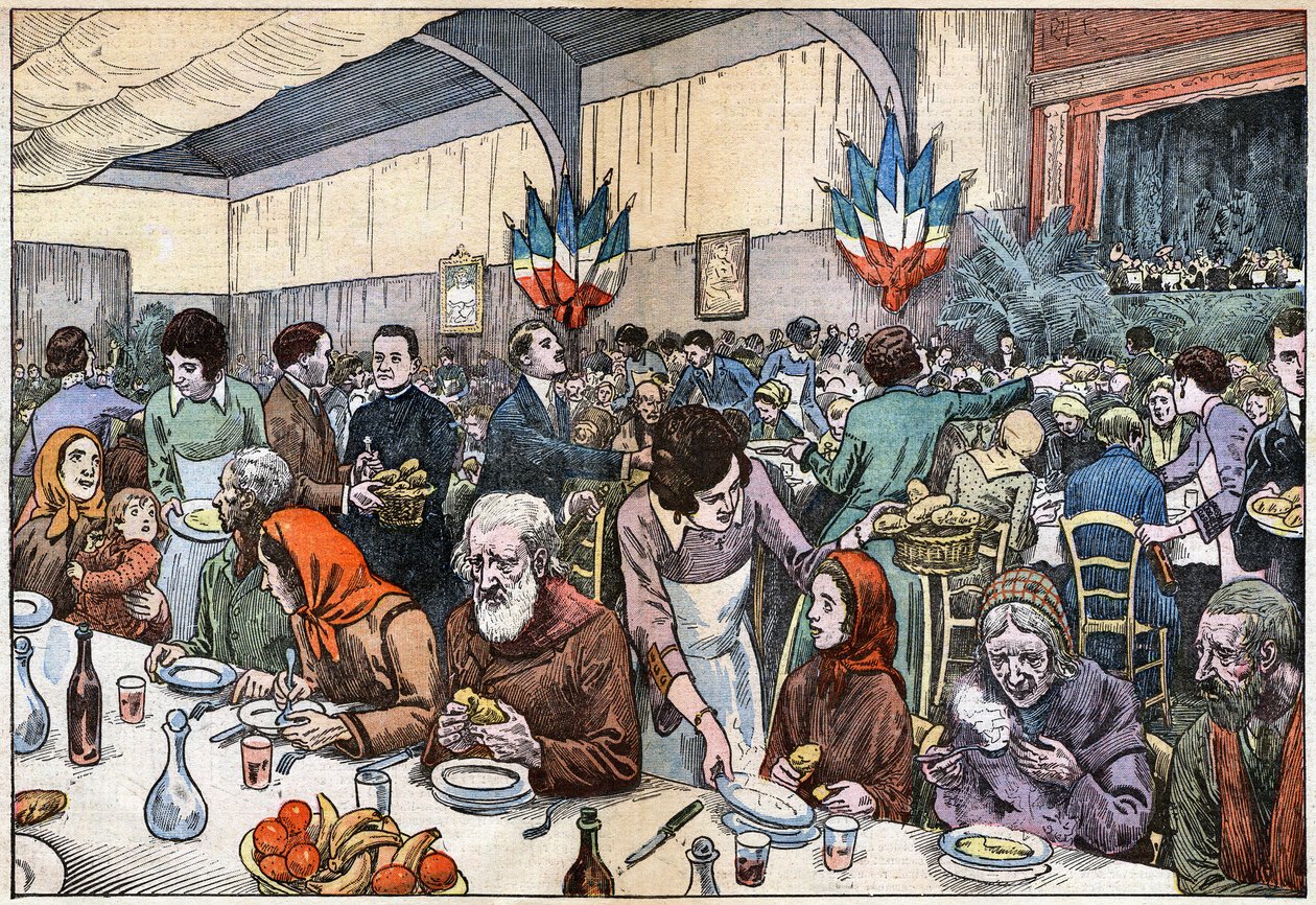 Um banquete para os pobres (caridade - comitê de caridade - alívio católico - sopa - senhora padroeira). No dia de Natal de 1927, o Cardeal Ferrari (dirigido em Paris pela Abbe Rivota) organiza uma missa para os pobres, seguida de um banquete de 2000 cober de Eugene Damblans