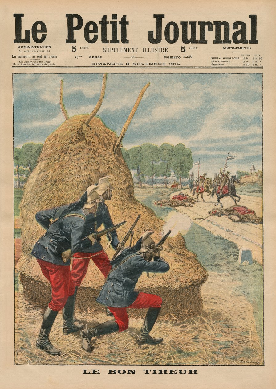 Um bom tiro, ilustração da capa do &39;Le Petit Journal&39;, suplemento ilustre, 8 de novembro de 1914 de Eugene Damblans