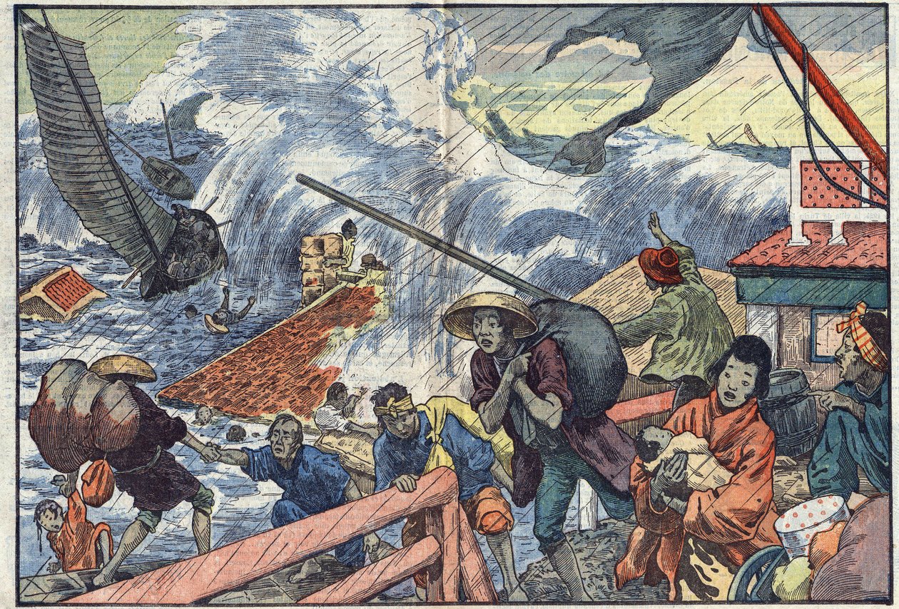 Um maree raz e um tufão atingiram o Japão. Ilustração de Damblans. Em "Le Pelerin" de 2 de outubro. de Eugene Damblans