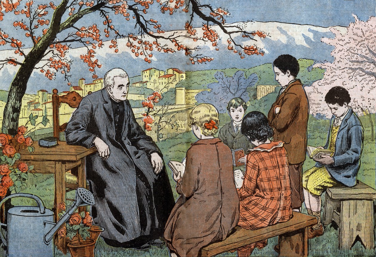 Um sacerdote e futuros jovens que vão tomar a sua comunhão, num jardim, desenhada por Damblans a partir do papel "Le Pelerin" 17 de maio de Eugene Damblans