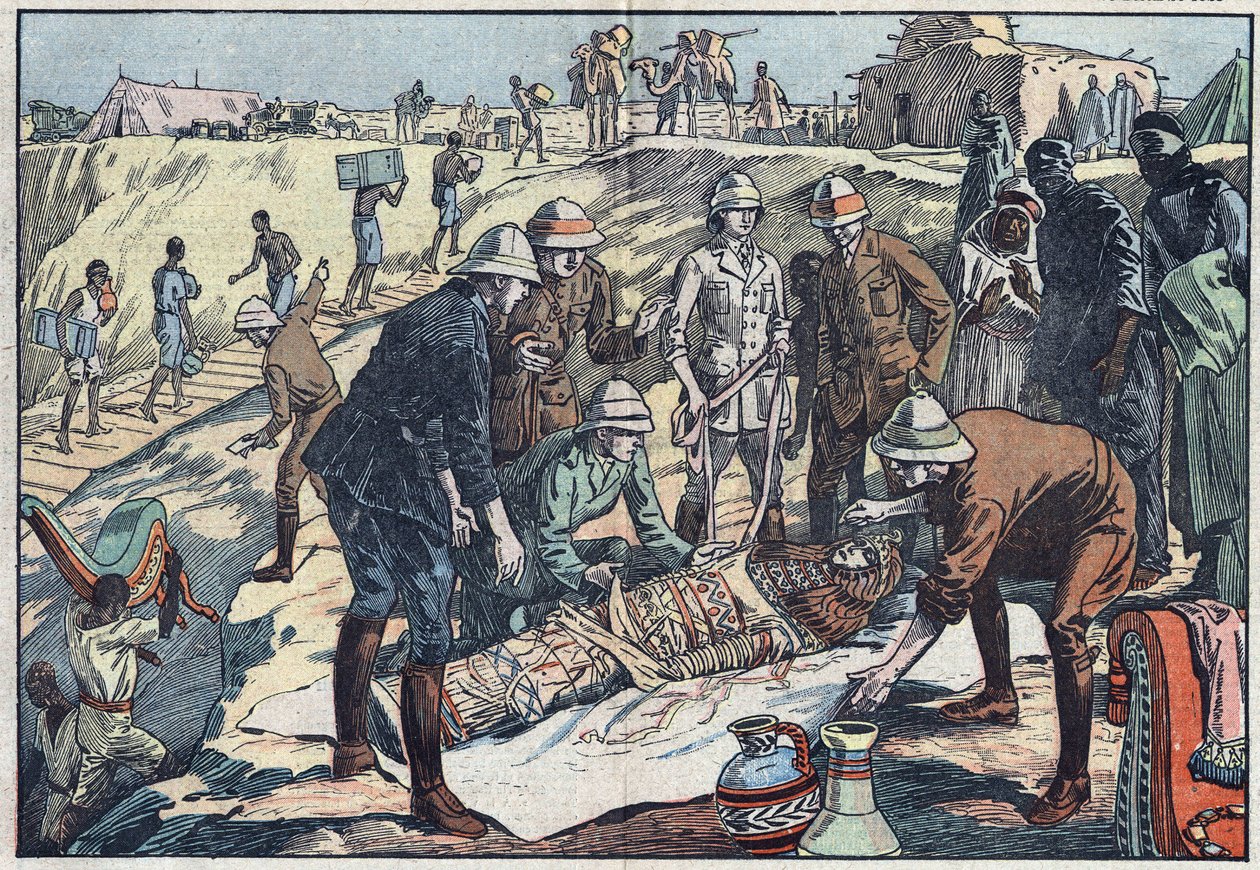 Uma missão inglesa, comissionada por Earl Byron de Prorok (1896-1954), arqueólogo, descobriu o túmulo de Tin-Hahan no Hoggar. Ilustração de Damblans. Em "Le Pelerin", de 20 de dezembro de 1925. de Eugene Damblans