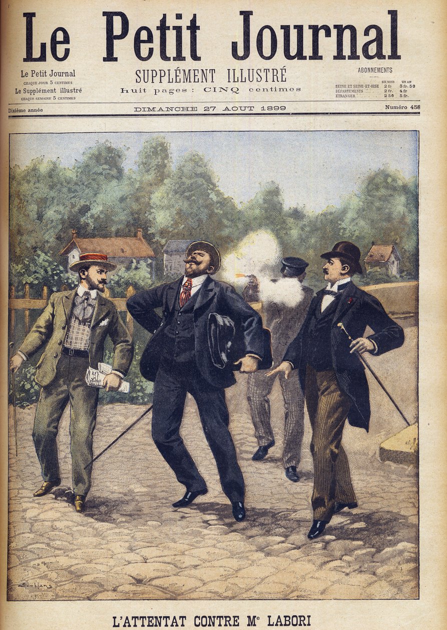 Tentativa de assassinato de Fernand Labori, um dos advogados que defendeu Alfred Dreyfus em sua segunda corte marcial em Rennes "Le Petit Journal", em agosto de 1899. de Eugene Damblans