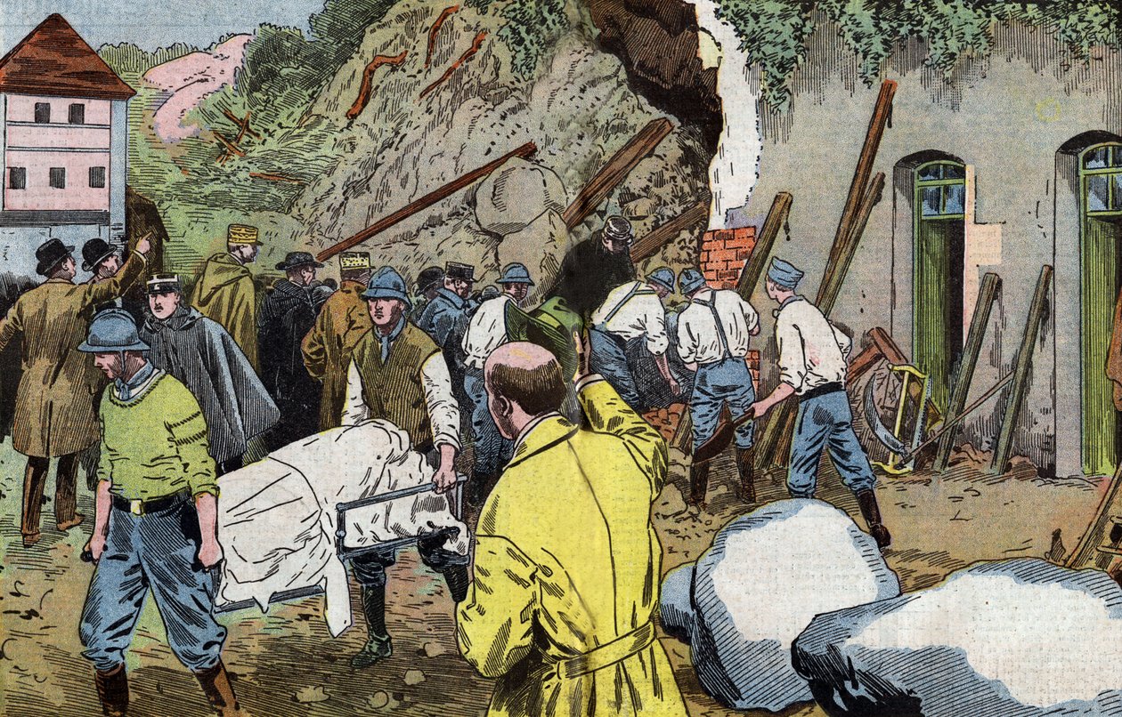 Corpo do general americano Dunlop morto porque resgatou a Sra. Briant sob o colapso dos prédios do castelo de Fariniere (França) desenhados por Damblans a partir do jornal francês "Le Pelerin" de 7 de junho de Eugene Damblans