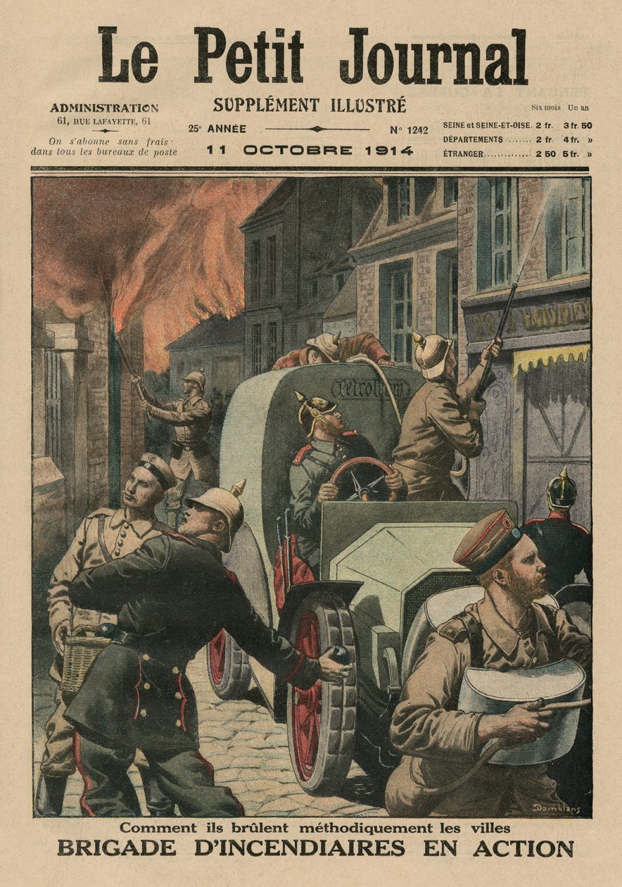 Brigada de incendiários no trabalho, como meticulosamente incendiaram cidades, ilustração da capa do &39;Le Petit Journal&39;, suplemento ilustre, 11 de outubro de 1914 de Eugene Damblans