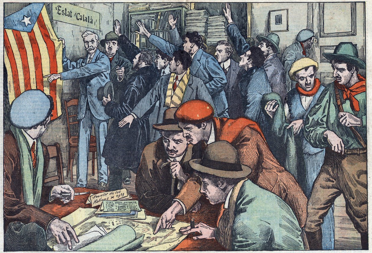 Os separatistas catalães estão a preparar a sua trama em Paris. Ilustração de Damblans. Em "Le Pelerin" de 28 de Novembro de Eugene Damblans