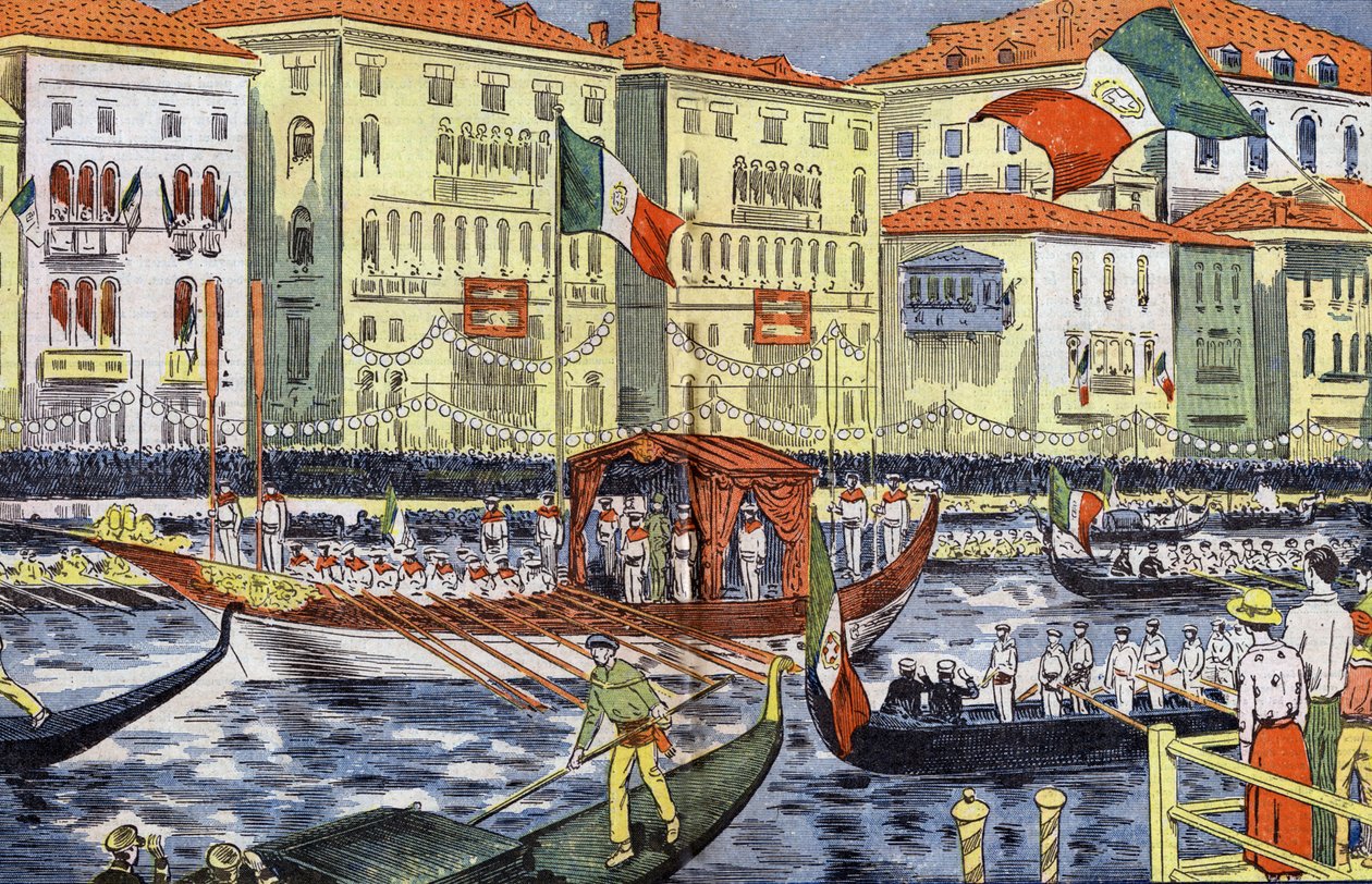 Celebração em Veneza em honra do príncipe e princesa de Piemont, desenho de Damblans a partir do papel "Le Pelerin" 25 de setembro de Eugene Damblans