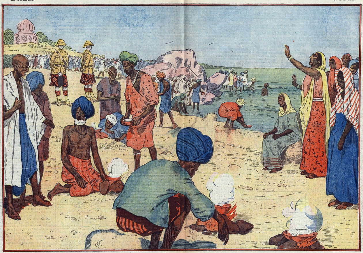 Semana da Desobediência Civil na Índia contra o Império Britânico: Em Bombaim, Gandhi (1869-1948) e os seus apoiantes ferveram água do mar para obter sal em violação da Lei Gabelle. As mulheres encorajam-nas repetindo este refrão: "Quebrar, quebrar a lei d de Eugene Damblans