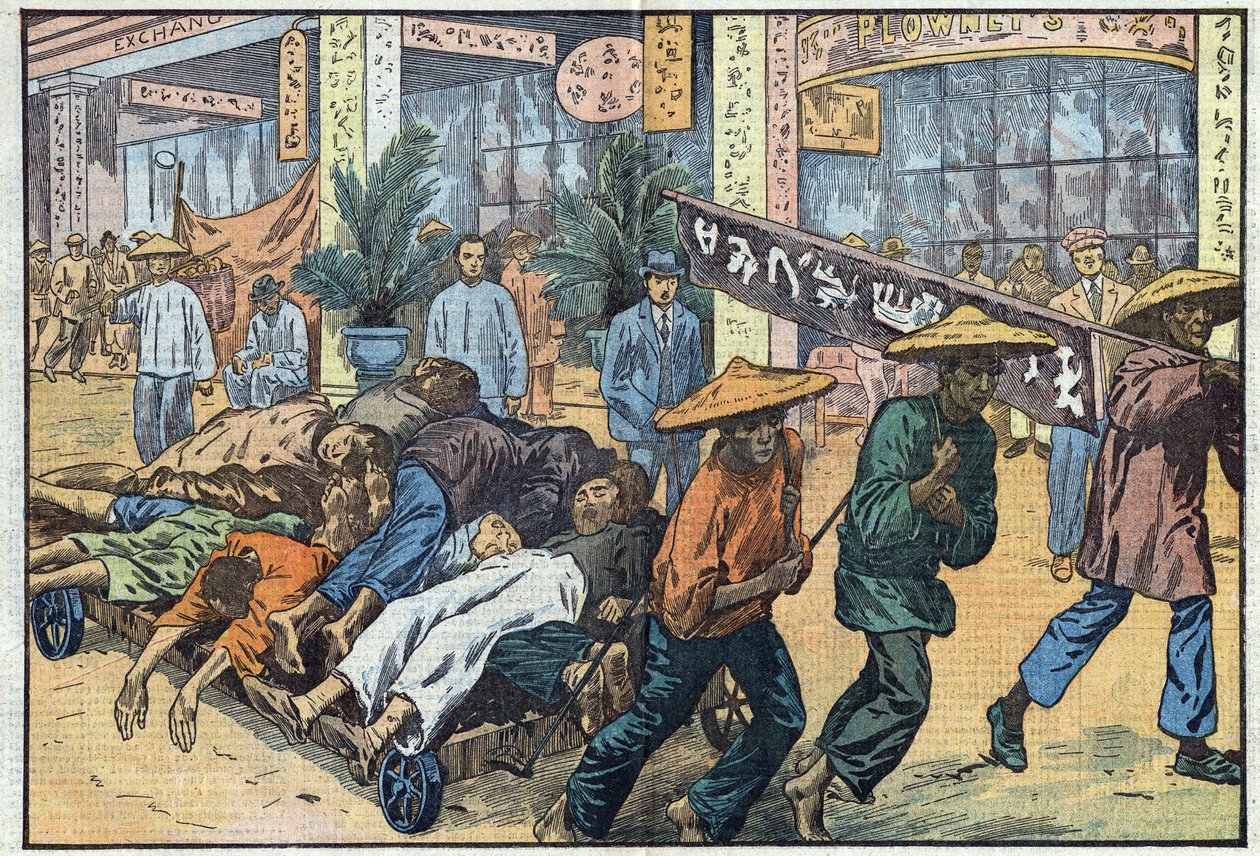 Guerra civil entre nacionalistas e comunistas na China: após a agitação comunista em Cantão, os cadáveres das vítimas estão amontoados em carrinhos. Ilustração de Damblans. Em "Le Pelerin" de 4 de março de Eugene Damblans