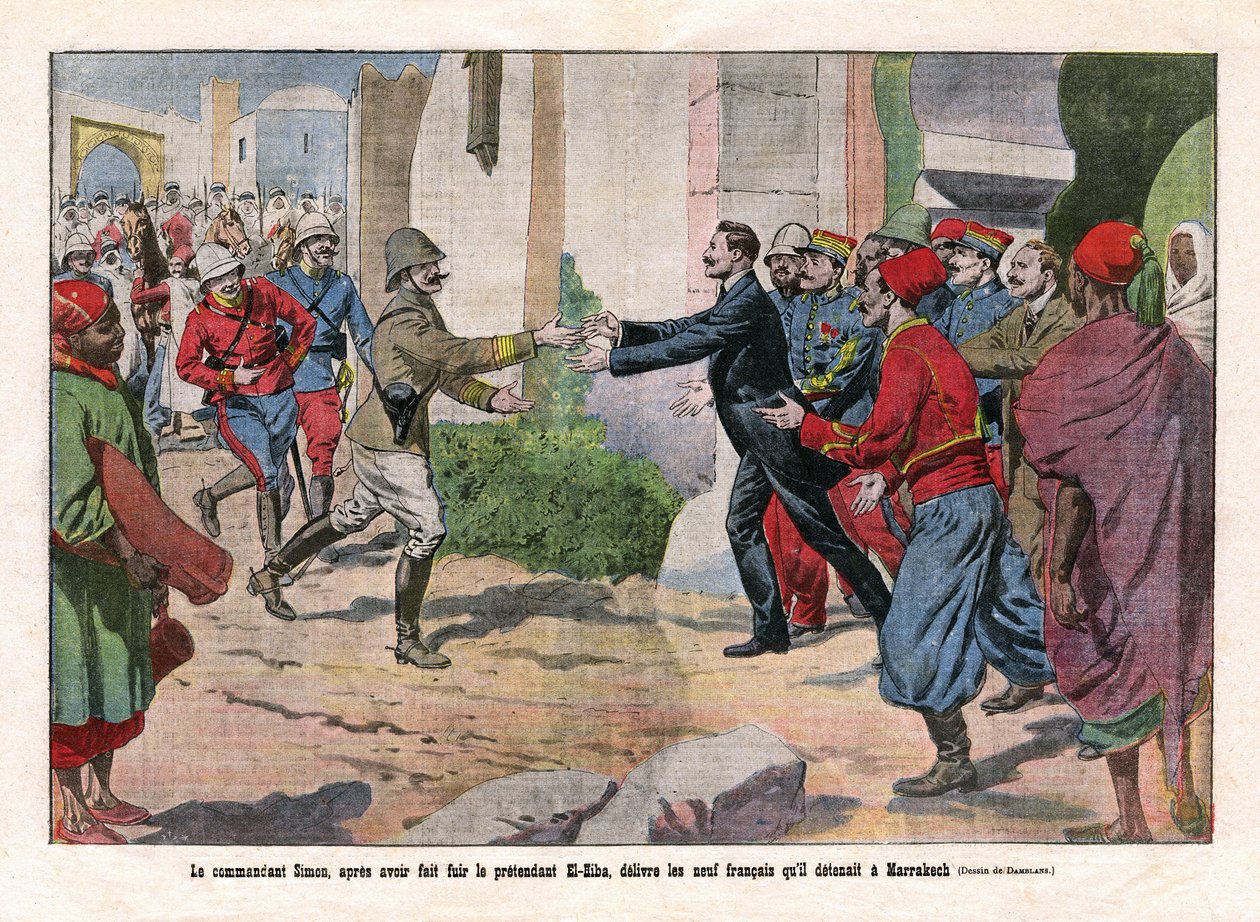 Acontecimentos de Marrocos, tomado de Marraquexe pelas tropas de Hubert (Louis-Hubert-Gonzalve) Lyautey (1854-1934) e Charles Mangin (1866-1925). O comandante Simon, depois de ter fugido do pretenso El-Hiba (El Hiba) (Ahmed al-Hiba (Al Hiba)), libertou os  de Eugene Damblans