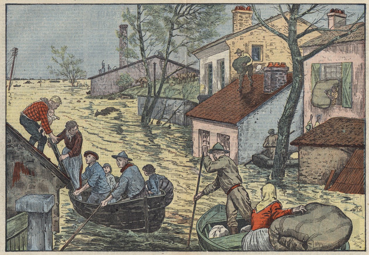 Inundações na Louisiana (EUA): Em frente às ondas ameaçadoras do Mississippi, agricultores e caçadores são forçados a abandonar as suas casas e campos. Ilustração de Damblans. Em "Le Pelerin" de 15 de maio de Eugene Damblans