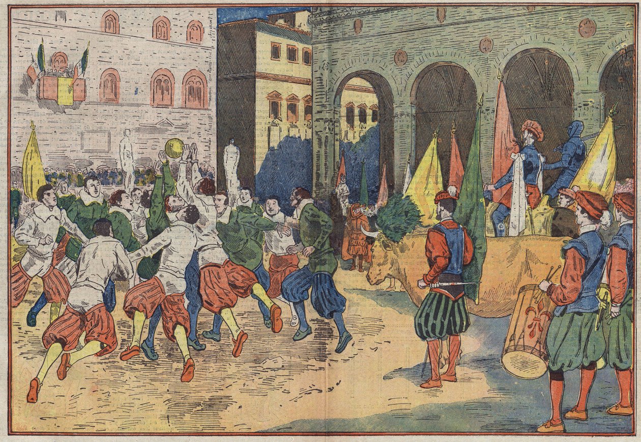 Florença, Itália: na Place de la Seigneurie, uma parte do "calcio", o futebol do século XV, foi reconstituído em um traje de época. Um bife foi oferecido à equipa vencedora. Ilustração de Damblans. No "Le Pelerin" de 8 de junho de Eugene Damblans