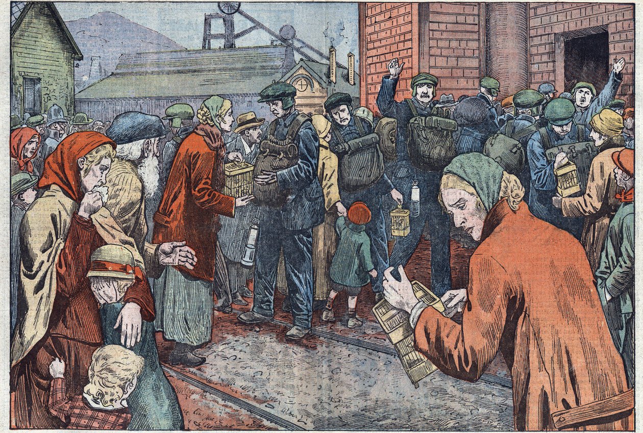 Após a explosão na mina Cwn (País de Gales), as mulheres mineiras trouxeram seus canários para resgatar o grisu. Ilustração de Damblans. Em "Le Pelerin" de 20 de março de Eugene Damblans