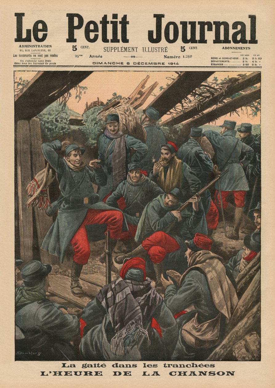 Feliz festa nas trincheiras, Song Time, ilustração da capa do &39;Le Petit Journal&39;, suplemento ilustre, 6 de dezembro de 1914 de Eugene Damblans