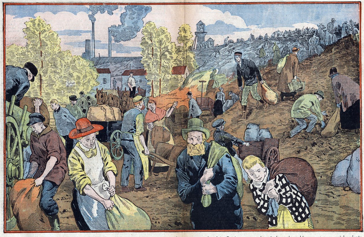Os caçadores procuram por pedaços de carvão entre as pedras extraídas das minas para se aquecerem durante o inverno. Região de Rhur, Alemanha. Ilustração de Damblans. Em "Le Pelerin" de 4 de outubro de Eugene Damblans