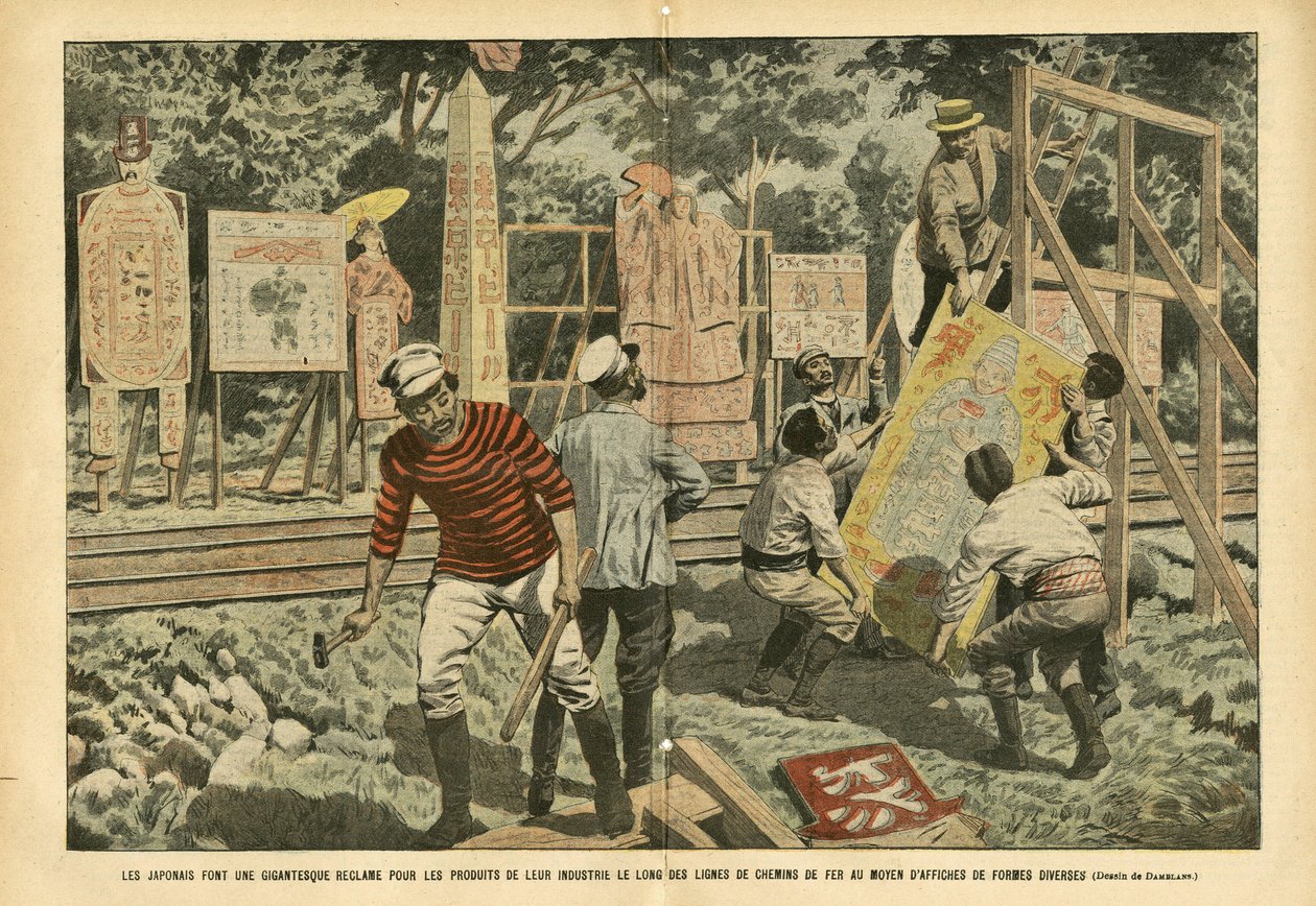 Ilustração de Eugene Damblans (1865-1945) em Le Pelerin, 03/09/05 - Os japoneses fazem uma reivindicação gigantesca para os produtos de sua indústria ao longo das linhas ferroviárias com cartazes de diversas formas - Publicidade, Japão, Trem Ferroviário, P de Eugene Damblans
