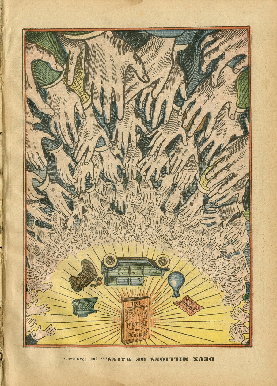 Ilustração por Eugene Damblans (1865-1945) em Le Pelerin, 28/09/30 - Dois milhões de mãos - Imprensa/Mídia, Automóvel, Religião Fé, Pelerin (Almanaque), Catolicismo Católico - Principal de Eugene Damblans