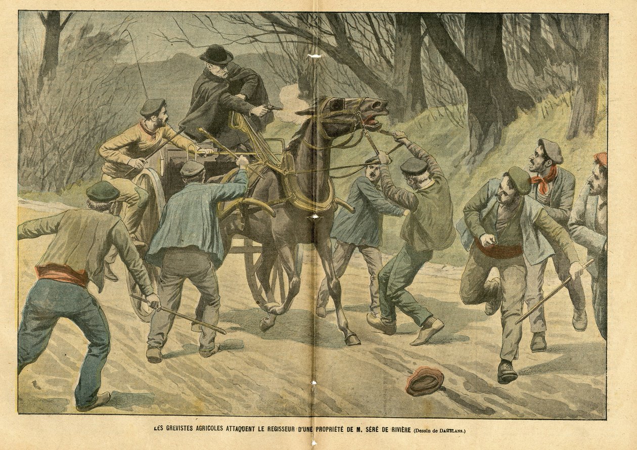 Ilustração de Eugene Damblans (1865-1945) em Le Pelerin, 31/01/04 - Grevistas agrícolas atacam o registro de uma propriedade de M. Sere de Riviere - Social, Vários fatos, Greve, Transporte, Agricultura, Floresta, Caleche Fiacre Cab - Operário, Cavalos de C de Eugene Damblans