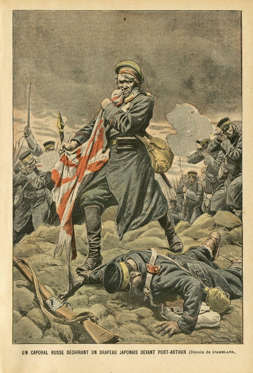 Ilustração de Eugene Damblans (1865-1945) em Le Pelerin, 01/01/05 - Um cabo russo rasgando uma bandeira japonesa em frente a Port Arthur - Rússia, Japão, Port Arthur, Guerra Russo-Japonesa, Combate, Espingardas - Soldados, Cabo de Eugene Damblans