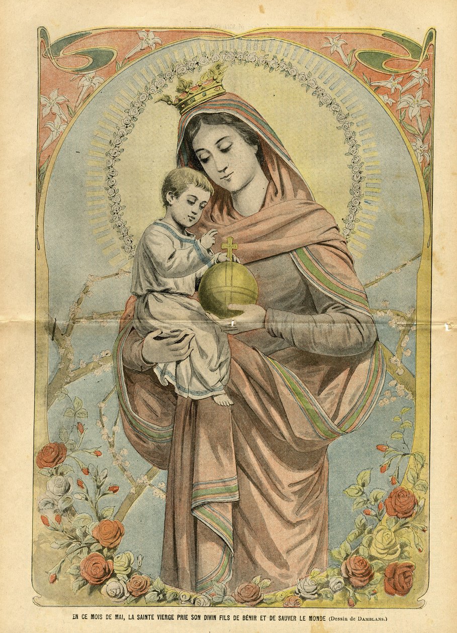 Ilustração de Eugene Damblans (1865-1945) em Le Pelerin, 01/05/04 - Neste mês de maio, a Santíssima Virgem reza a seu filho divino para abençoar e salvar o mundo - Religião Fé, Flores, Catolicismo Católico - Jesus, Maria de Eugene Damblans
