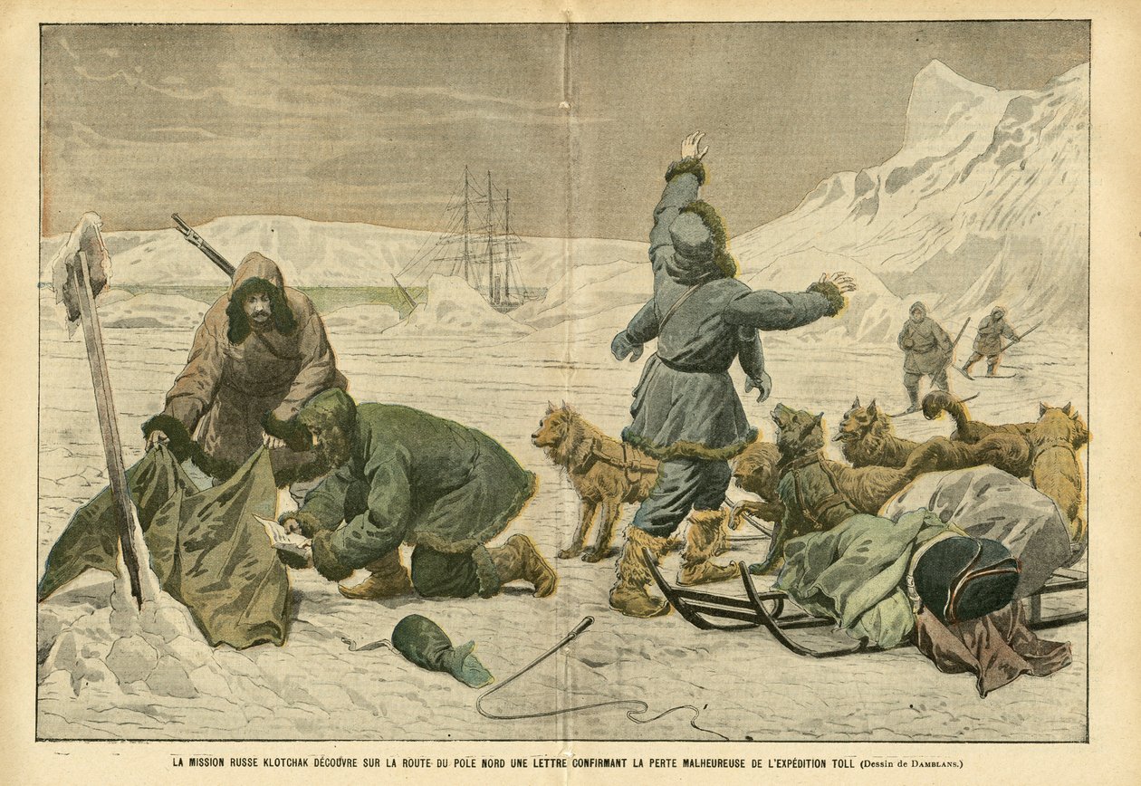 Ilustração de Eugene Damblans (1865-1945) em Le Pelerin, 02/04/05 - A missão russa Klotchak descobre na estrada do pólo norte uma carta confirmando a infeliz perda da expedição Toll - Pólos Norte e Sul, Polar Expeditions, Ice, Sledge Trai de Eugene Damblans