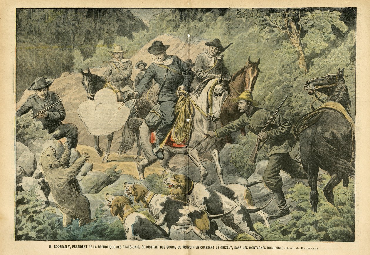 Ilustração de Eugene Damblans (1865-1945) em Le Pelerin, 02/07/05 - Roosevelt, Presidente dos Estados Unidos, distraído das preocupações do poder ao caçar ursos pardos nas montanhas rochosas - America USA, Hunting USA, Rocky Mountains - Dog, Bear, de Eugene Damblans