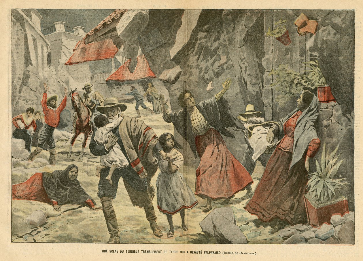 Ilustração de Eugene Damblans (1865-1945) em Le Pelerin, 02/09/06 - Uma cena do terrível terremoto - Fatos diversos, América Latina, Terremoto, Chile, Valpariso de Eugene Damblans
