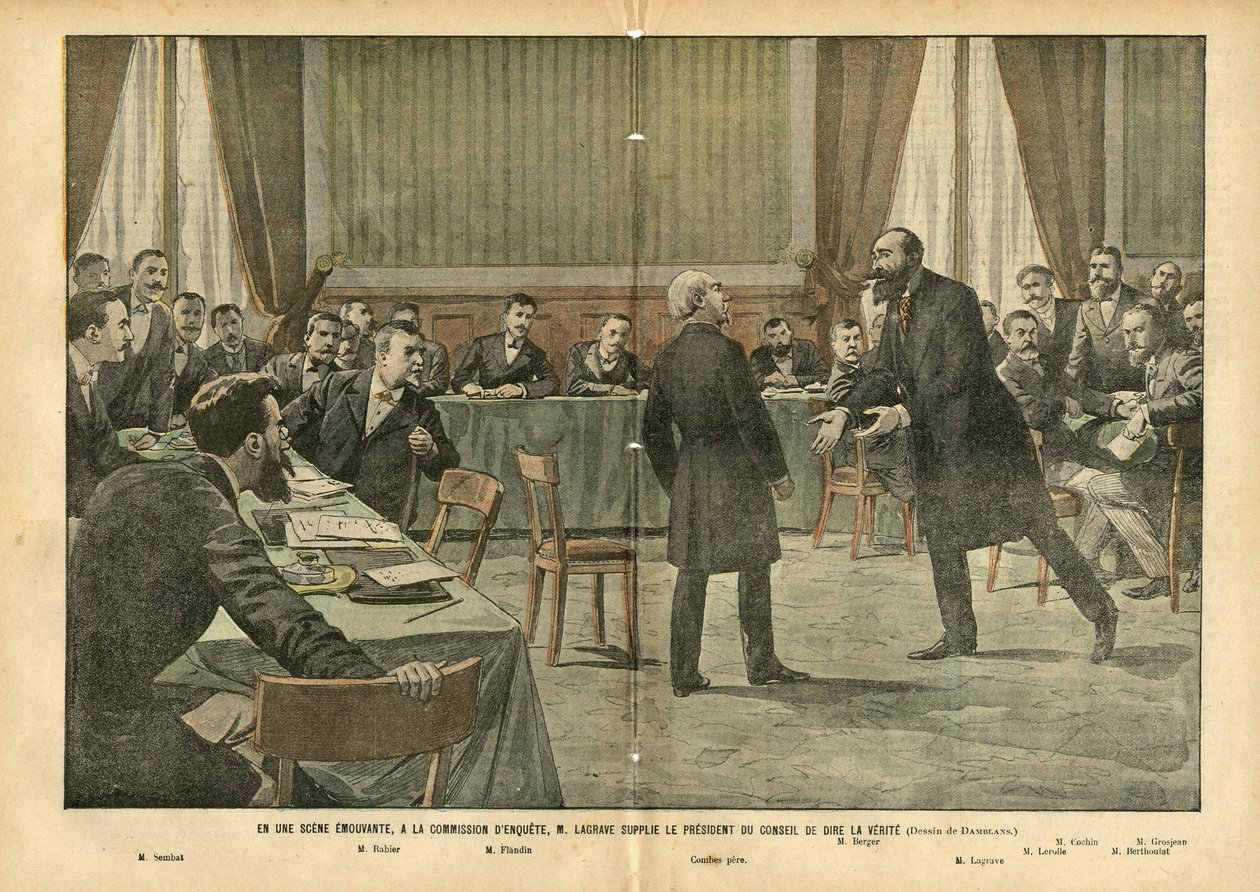 Ilustração de Eugene Damblans (1865-1945) em Le Pelerin, 03/07/04 - Numa cena comovente, na comissão de inquérito, M. Lagrave implorou ao Presidente do Conselho para dizer a verdade - Religion Faith, Commission of Inquiry, Catholic Catholicism - Million de Eugene Damblans
