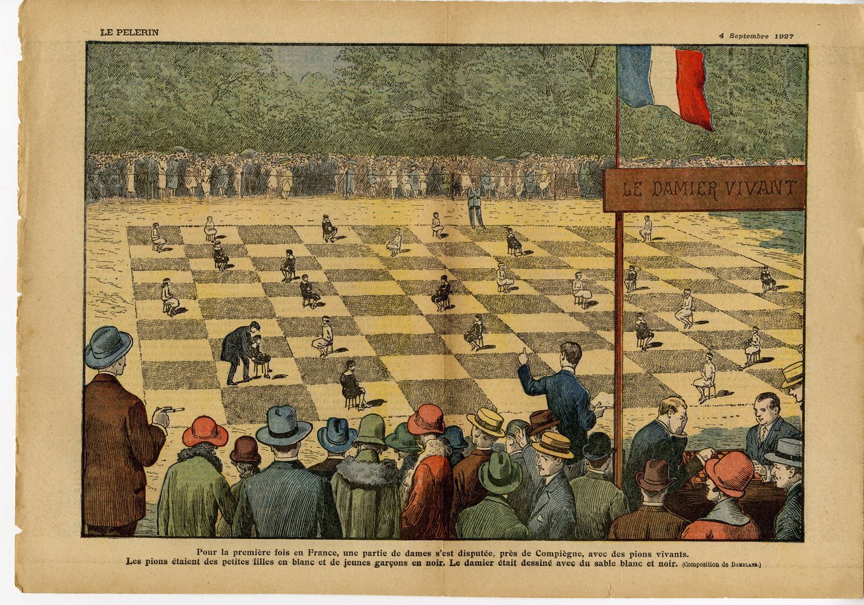 Ilustração de Eugene Damblans (1865-1945) em Le Pelerin, 04/09/27 - Pela primeira vez na França, um jogo de damas... Jogo de damas ao vivo - Jogo, Hobbies, Multidão, Damas de Eugene Damblans