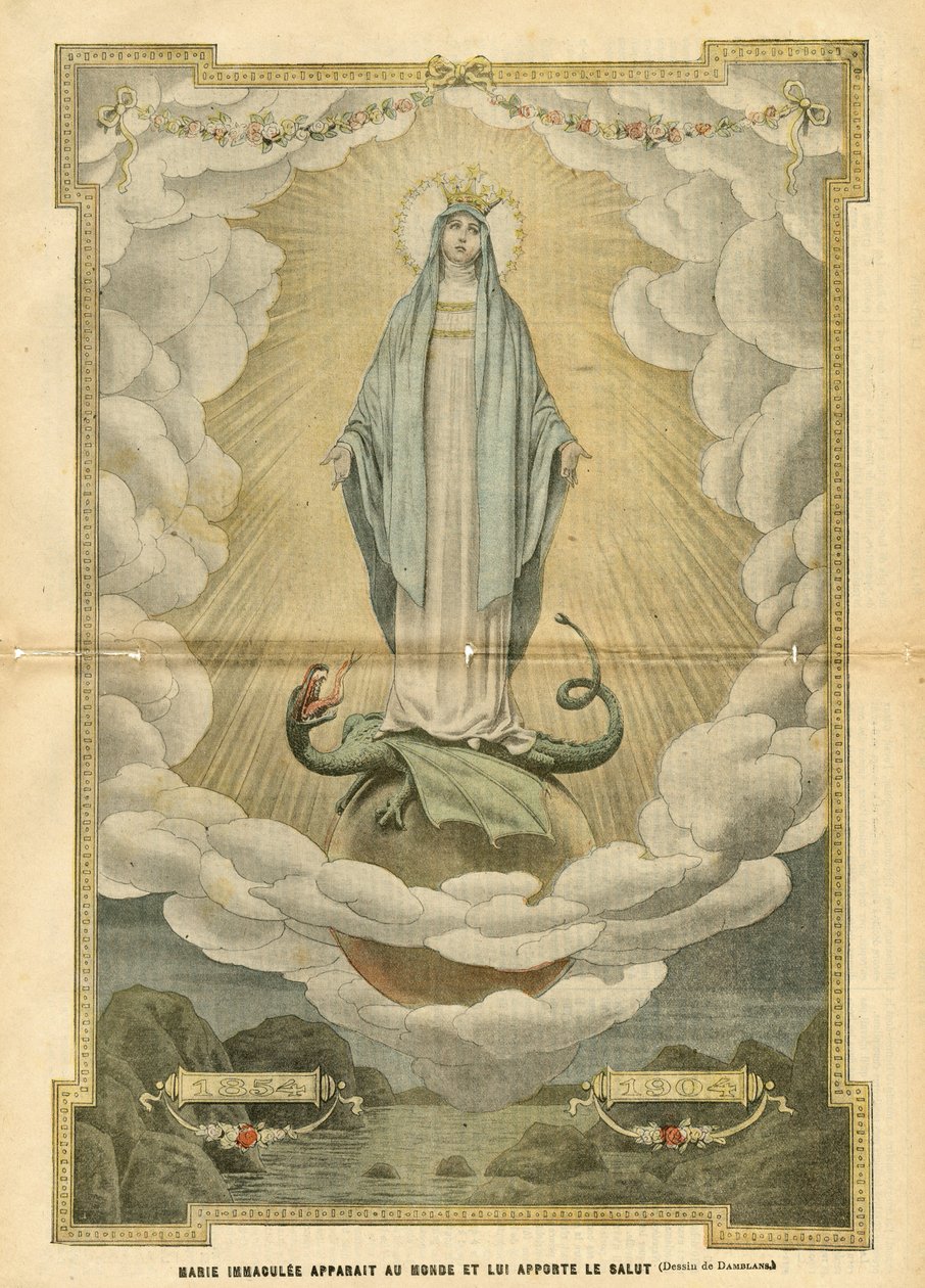 Ilustração de Eugene Damblans (1865-1945) em Le Pelerin, 04/12/04 - Mary immaculee aparece ao mundo e traz salvação ao mundo - Religion Faith, Catholic Catholicism - Concepção immaculee - Mary, Dragon - Clouds - Earth de Eugene Damblans